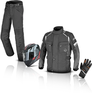 Motorcycle clothing for children: black textile suit with helmet, gloves, and protectors.